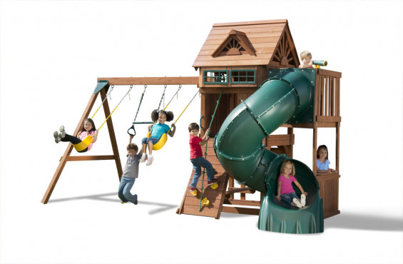 The design of this playground set will set a whole new standard of backyard fun. Including two swings, trapeze bar, rock wall, spiral slide and much more!