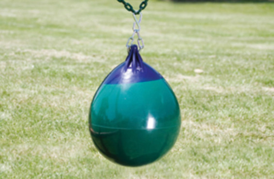 The buoy ball can be inflated to different sizes and swing left, right, and even spin, making this a fun addition to a backyard swing set.
