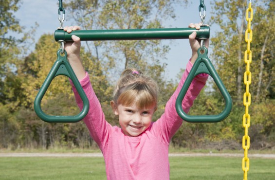 The trapeze bar with rings promotes flexibility, hand-eye coordination and stamina in your aspiring backyard gymnast.